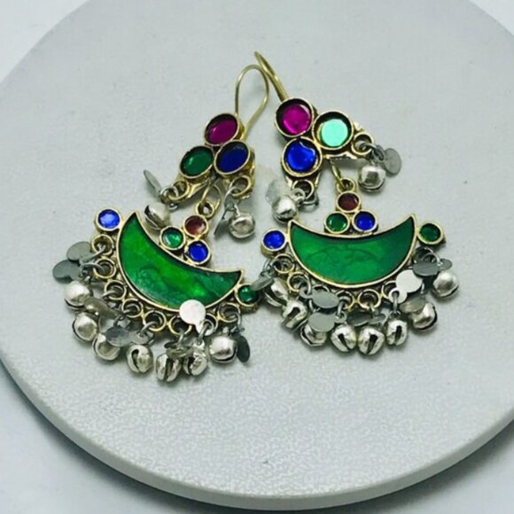 Multicolor Glass Stones Silver Earrings, AfghanTraditional Earrings,Light Weight - Picture 7 of 13